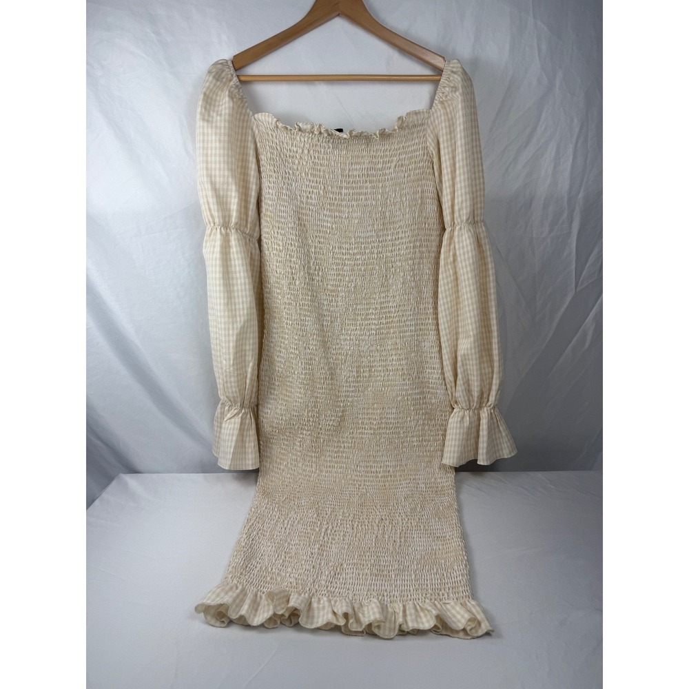 SNDYS US 10 Beige Gingham Smocked Midi Dress Cottagecore Puff Sleeve - Picture 3 of 9